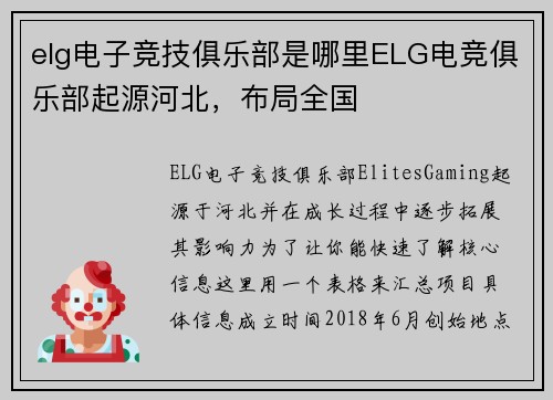elg电子竞技俱乐部是哪里ELG电竞俱乐部起源河北，布局全国